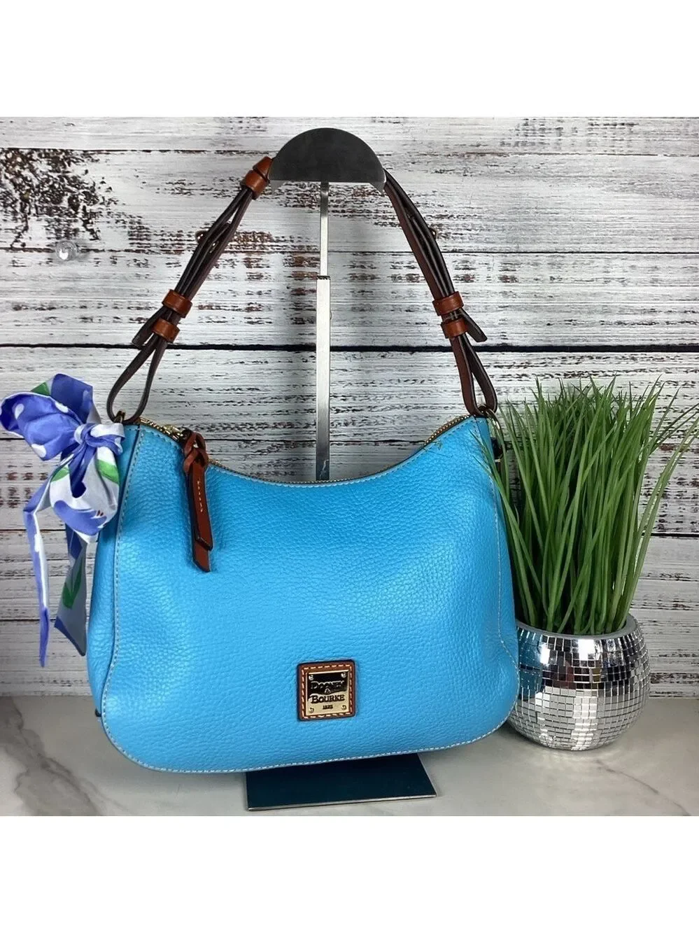 Dooney & Bourke Kiley Aqua Blue Brown Hobo Shoulder Bag Pebble leather Purse guc